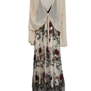 SHEIN Cream and Burgundy Floral Long Sleeve Dress